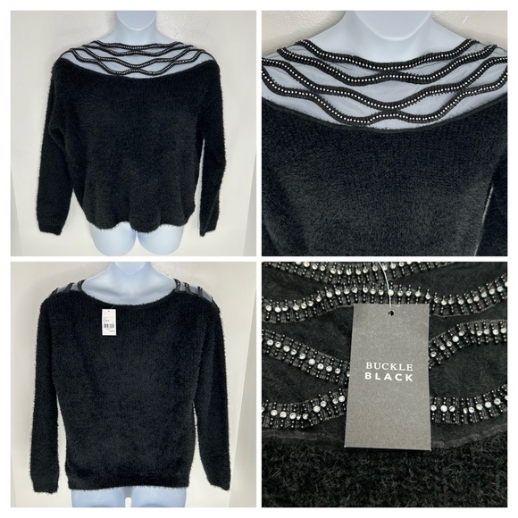 Buckle Sweaters - Buckle Black NWT BKE Glitz Eyelash Knit Sweater Size XL Rhinestones Fuzzy